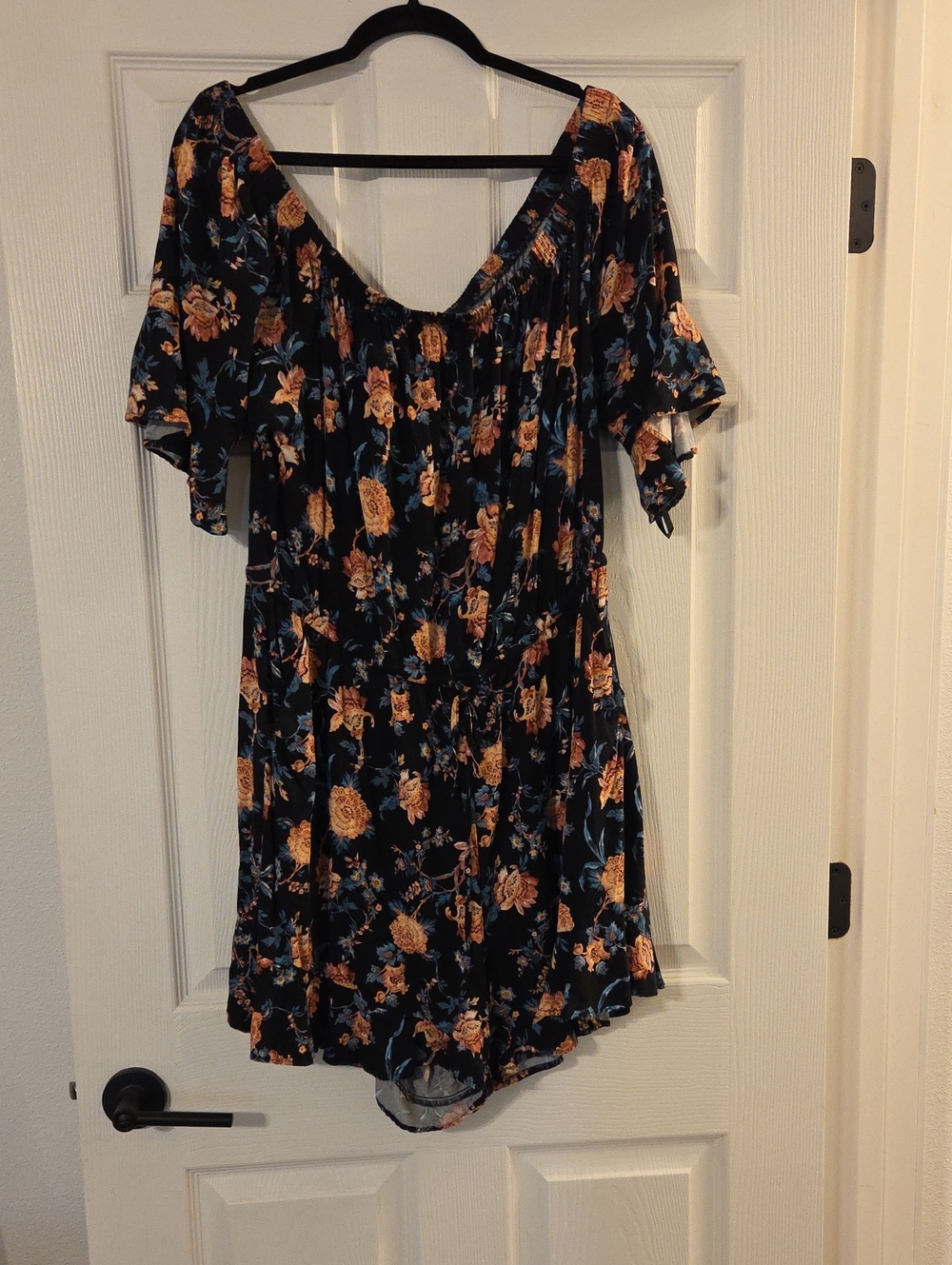 torrid Black Off-Shoulder Floral Romper with Mustard Blooms
